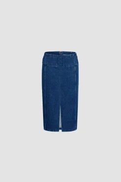 Belted midi skirt in cotton denim