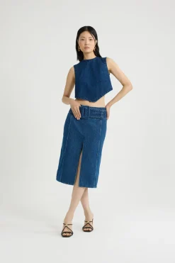 Belted midi skirt in cotton denim