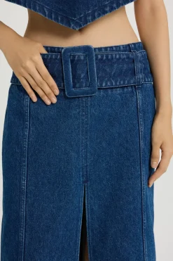 Belted midi skirt in cotton denim