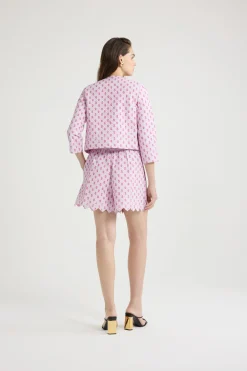 Boxy collarless jacket in printed quilted sustainable viscose blend