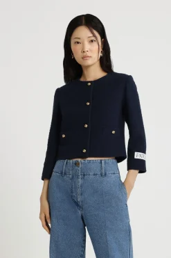 Boxy collarless jacket in lightweight organic cotton tweed