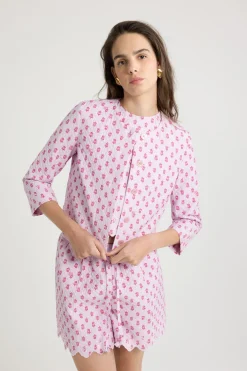 Boxy collarless jacket in printed quilted sustainable viscose blend