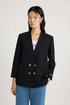 Collarless double-breasted jacket in tech wool