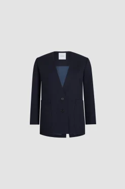 Collarless jacket in sustainable technical wool twill