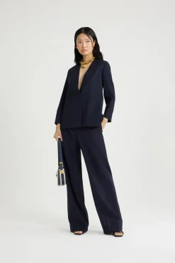 Collarless jacket in sustainable technical wool twill