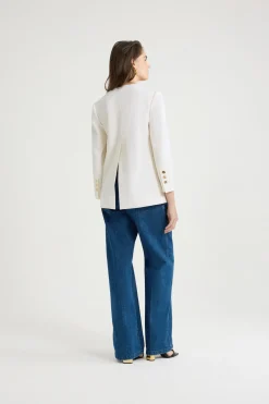 Collarless jacket in sustainable technical wool twill