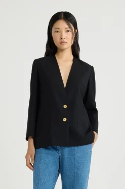 Collarless jacket in sustainable technical wool twill