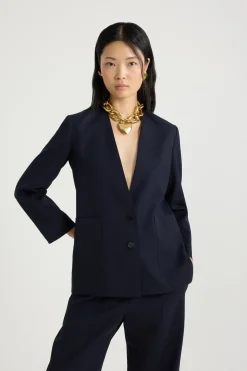 Collarless jacket in sustainable technical wool twill