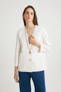 Collarless jacket in sustainable technical wool twill