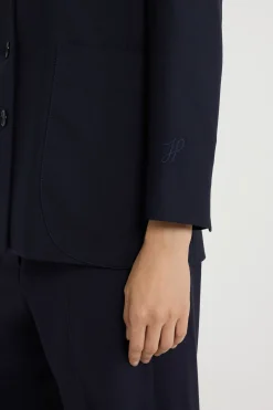 Collarless jacket in sustainable technical wool twill