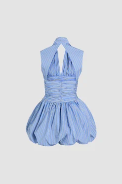 Open back bubble mini dress in printed organic cotton poplin