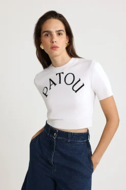 Patou logo jacquard cropped knit top in Merino wool blend