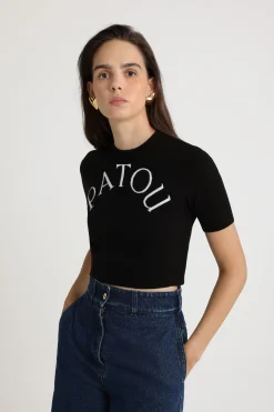 Patou logo jacquard cropped knit top in Merino wool blend