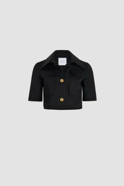 Short-sleeved cropped jacket in organic cotton gabardine