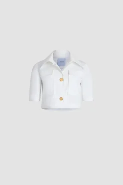 Short-sleeved cropped jacket in organic cotton gabardine
