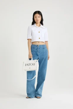 Short-sleeved cropped jacket in organic cotton gabardine