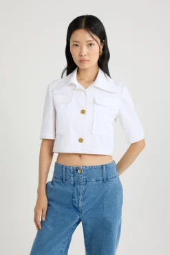 Short-sleeved cropped jacket in organic cotton gabardine
