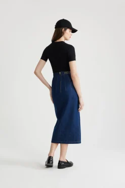 Slit midi skirt in organic cotton denim