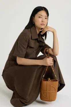 Small JP bucket bag in leather and canvas