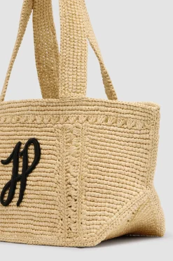 Small JP monogram trapeze tote in raffia