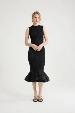 Smocked fishtail midi dress in recycled faille