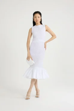 Smocked fishtail midi dress in recycled faille