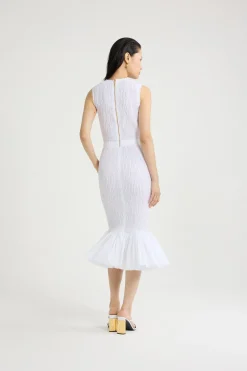 Smocked fishtail midi dress in recycled faille