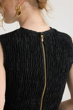 Smocked fishtail midi dress in recycled faille