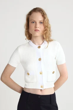 Waffle knit cropped cardigan in cotton