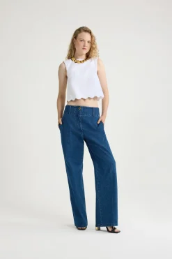 Wide waistband trousers in cotton denim