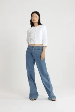 Wide waistband trousers in cotton denim