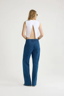 Wide waistband trousers in cotton denim