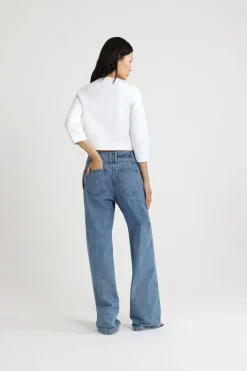 Wide waistband trousers in cotton denim