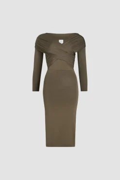 Wrap front dress in stretch jersey