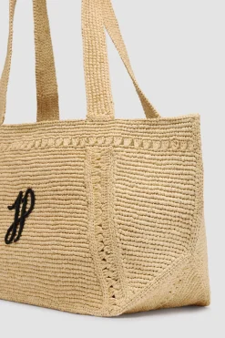 Large JP monogram trapeze tote in raffia